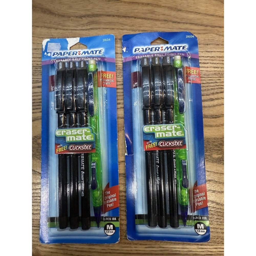 2 Vintage Paper Mate Eraser Mate‎ Pens Black Ink W/ Clickster 31604 NOS New 2004